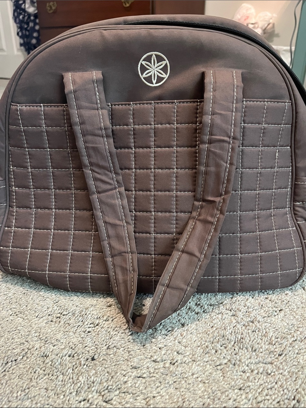 Quilted Brown Tote Bag with Flower Emblem